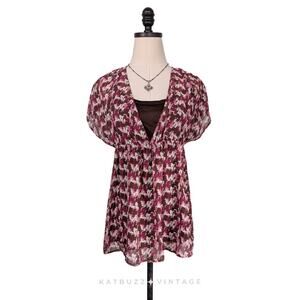 Y2K Babydoll Top S Brown Pink Flowy Chiffon Layered Geometric Flowy Feminine